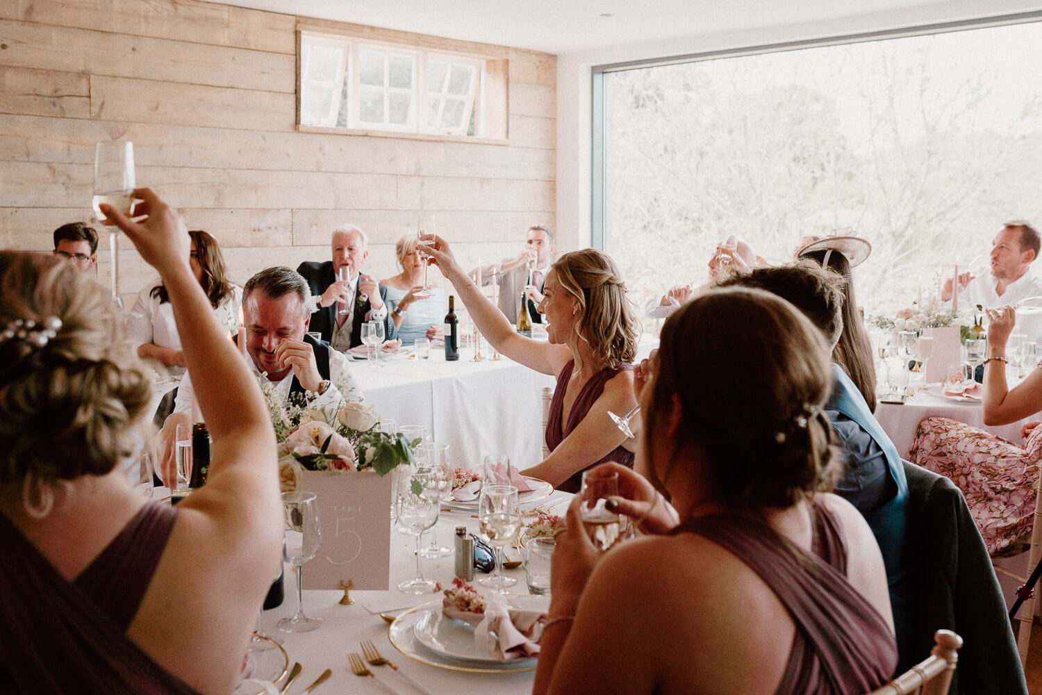 Wedding guests toast the bride and groom at Kingston Estate, Devon.